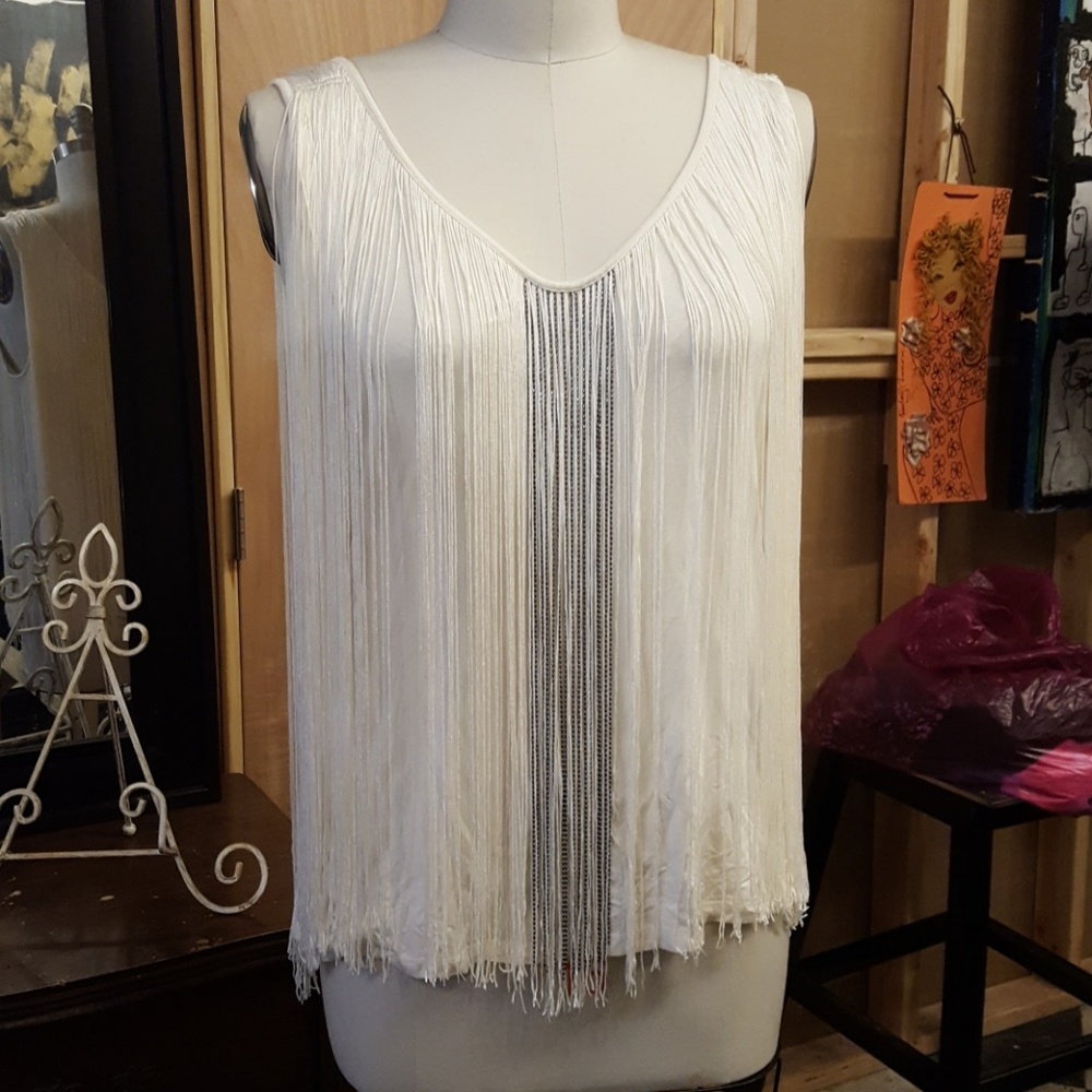 Boston Proper Fringed top with chain strands